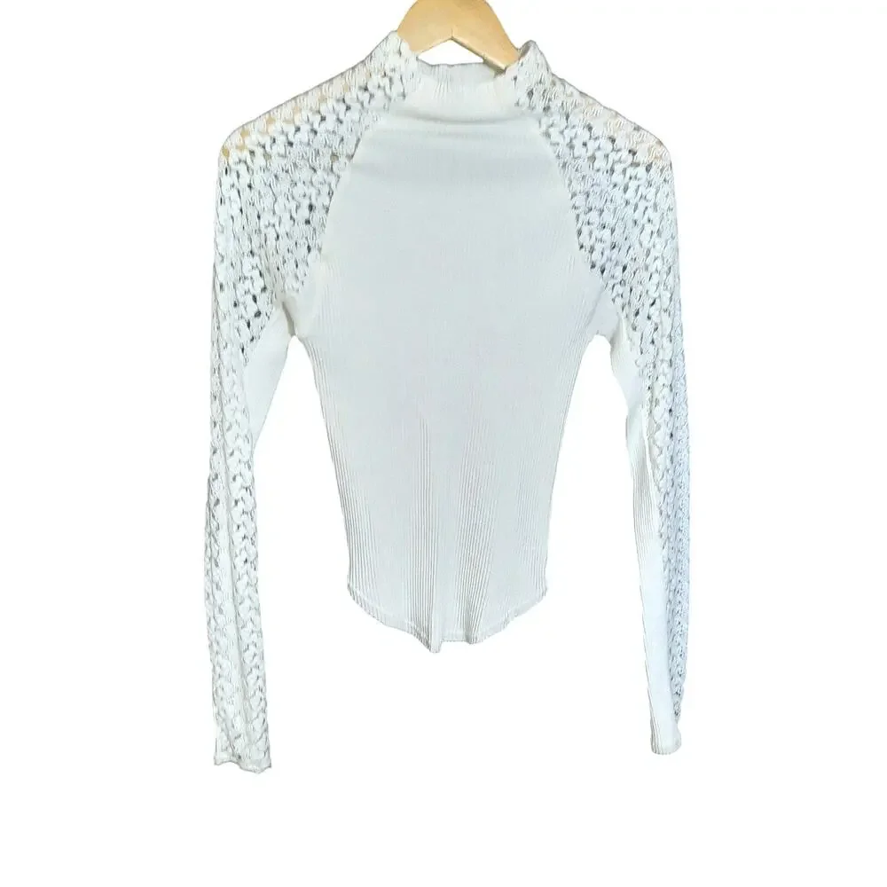Free People Clemente Mixed Media Womens Lacy Sleeve Stretch Top Size Medium